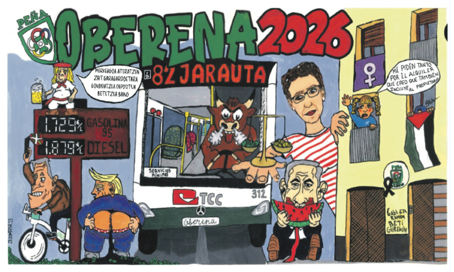 Oberena recoge al presidente de EEUU mostrando su culo naranja ante un letrero con los precios de gasolina y Netanyahu se come una sandía. No faltan las referencias caseras con una villavesa y Asiron en bici eléctrica.
