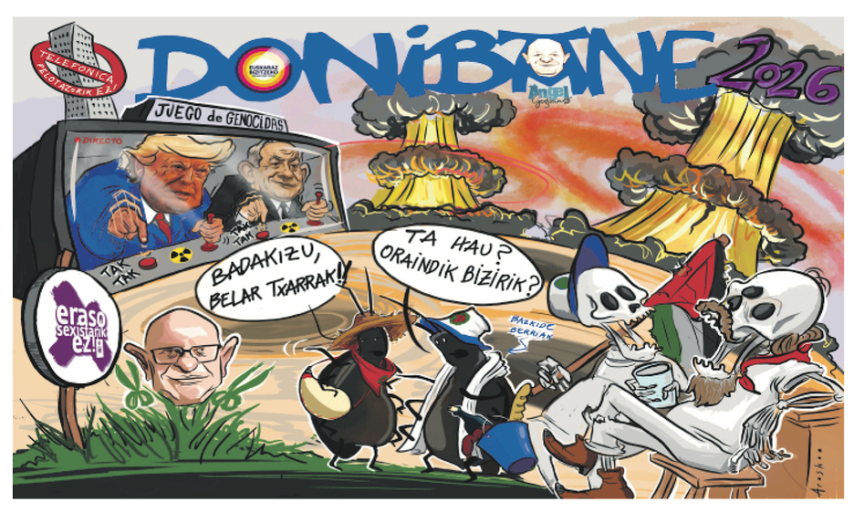 Donibane muestra a Trump y Netanyahu en su videojuego genocida y con el consejero de Educación Gimeno convertido en Manostijeras.