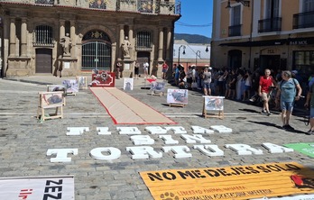 El acto contra la tauromaquia ha tenido lugar en la plaza Consistorial de Iruñea.