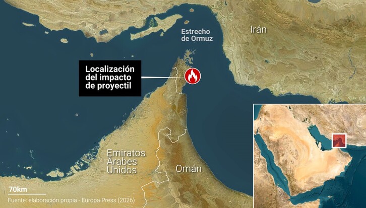 Localización del ataque de este martes en el estrecho de Ormuz.