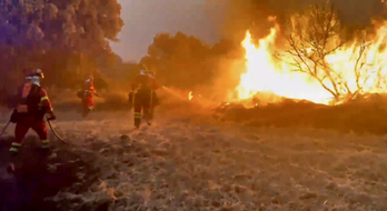 Efectivos de la UME combaten las llamas en la zona de Cinco Villas, cerca de la muga con Nafarroa. 