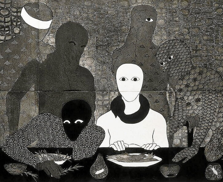 «La cena» (1993) es una colografía de la artista cubana Belkis Ayón (1967-1999). Pertenece a la Colección Eduardo F. Costantini y se puede ver en el Museo MALBA de Buenos Aires.
