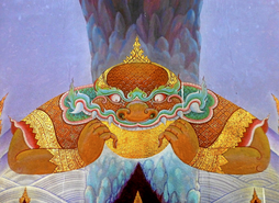 Representación del demonio Rahu, uno de los asuras de la mitología hindú que les sirve para explicar los eclipses tanto lunares como solares, en el templo de Wat Phang en Tailandia.