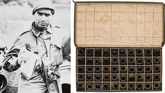 En la imagen inferior, contenido de la maleta que fue hallada en México con múltiple material fotográfico. Arriba, Gerda Taro y Robert Capa. Wikimedia