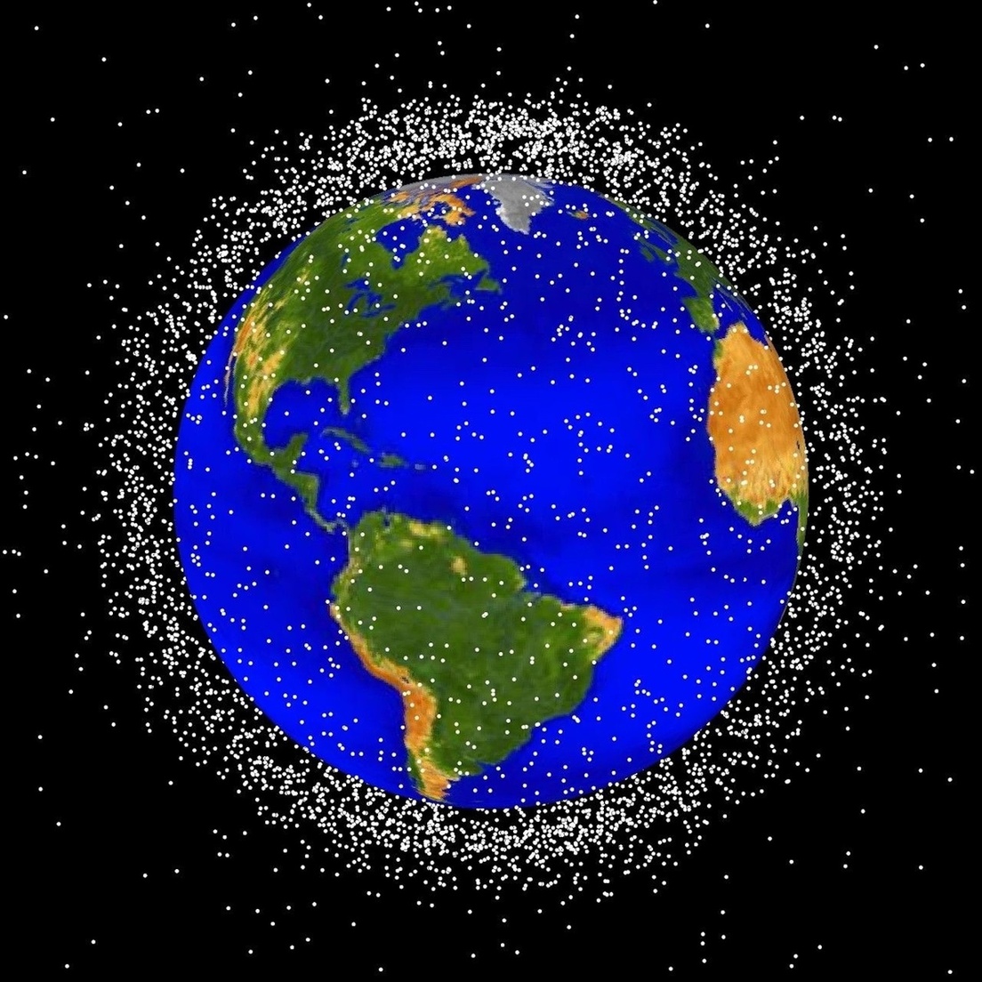 Ilustración de satélites y basura espacial que gira alrededor de la Tierra.