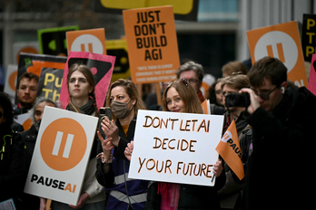Protesta por la falta de control en el desarrollo en la inteligencia artificial, en Londres el pasado febrero.