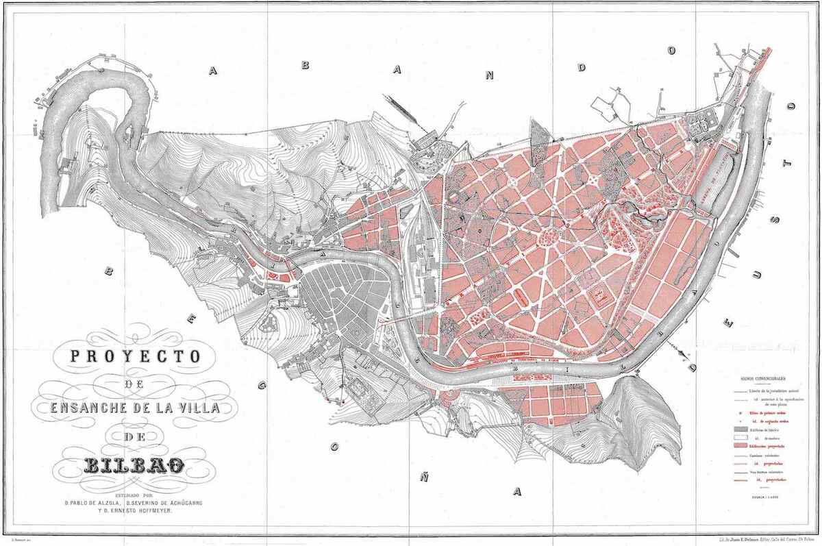 Severino de Achúcarro, Pablo de Alzola eta Ernesto Hoffmeyerren proiektua Bilboko Zabalgunerako, 1876an onartua. (BILBOKO UDALA)