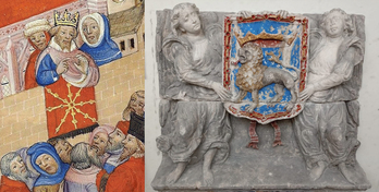 Escudo de Nafarroa en un grabado medieval y reproducción del blasón de Iruñea del siglo XVI que se ha instalado en el zaguán del Ayuntamiento.