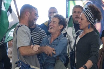 Bel Pozueta en el aeropuerto de Loiu el pasado mes de mayo, en el acto organizado para recibir a los intergrantes de la Flotilla a Gaza.