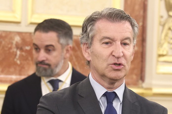 Feijóo y Abascal, líderes de PP y Vox, en un acto en el Congreso.