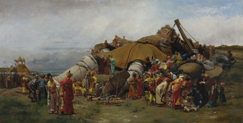 Óleo de Jehan Georges Vibert sobre la captura de Gulliver por los liliputienses.